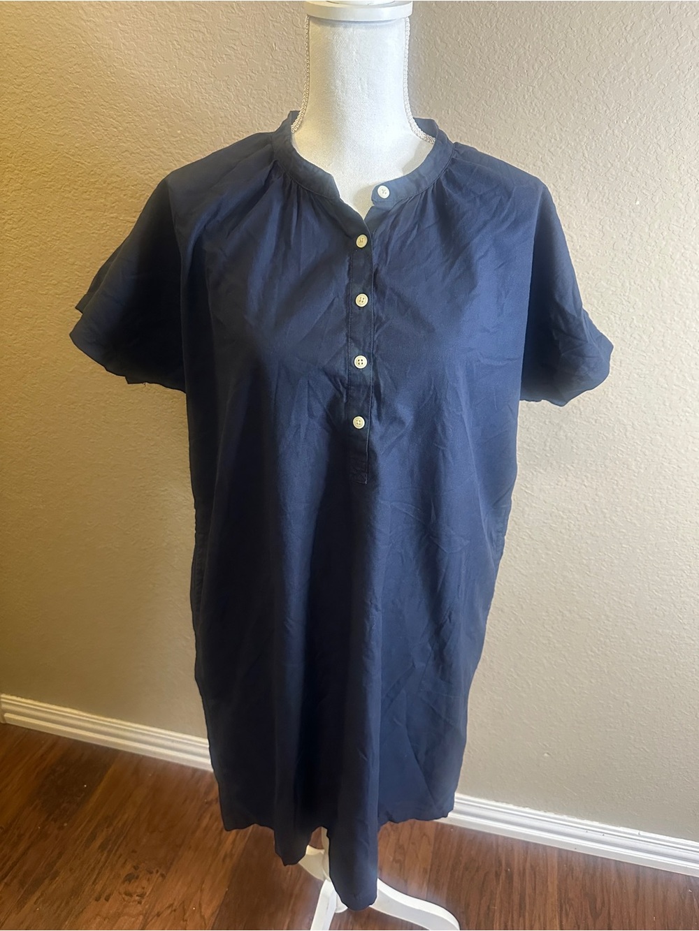 Womens Navy Short-Sleeve Button Henley Dress